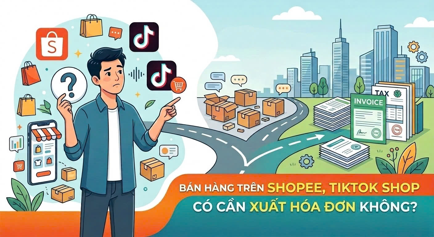 Minh họa người bán hàng trực tuyến tìm hiểu về thuế và hóa đơn
